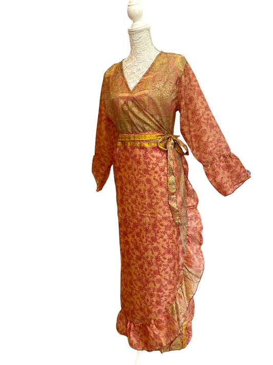 WRAP DRESS summer Vintage Flounced Sleeve Sari SILK Boho Hippy Festival UK 14-20