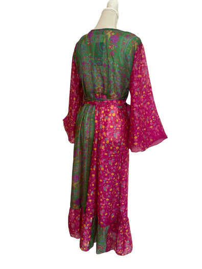 WRAP DRESS pretty Vintage Bell Sleeve Sari Silk Boho Hippy Festival party 14-20