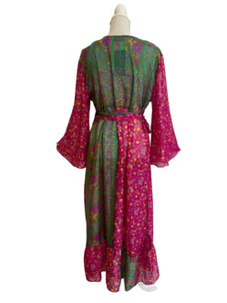 WRAP DRESS pretty Vintage Bell Sleeve Sari Silk Boho Hippy Festival party 14-20