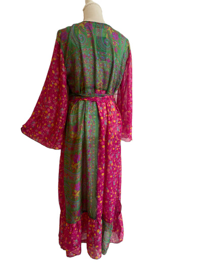 WRAP DRESS pretty Vintage Bell Sleeve Sari Silk Boho Hippy Festival party 14-20