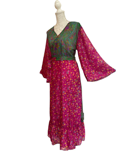 WRAP DRESS pretty Vintage Bell Sleeve Sari Silk Boho Hippy Festival party 14-20