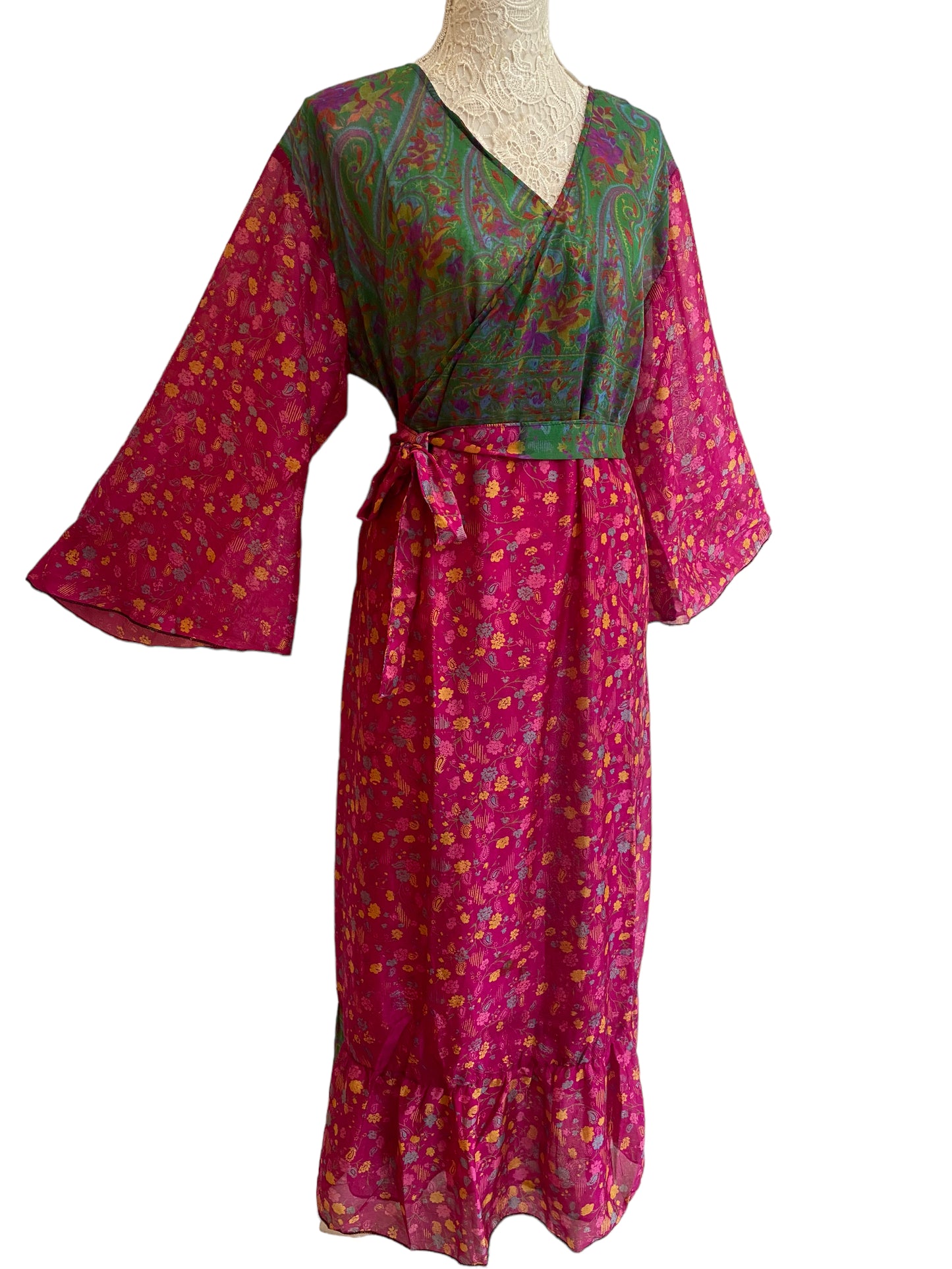 WRAP DRESS pretty Vintage Bell Sleeve Sari Silk Boho Hippy Festival party 14-20