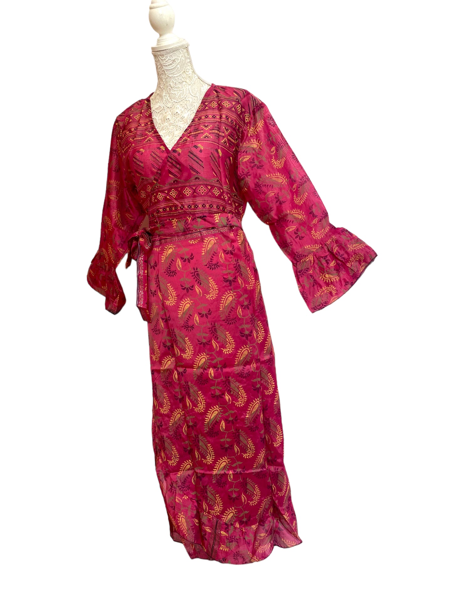 WRAP DRESS summer Vintage Flounced Sleeve Sari SILK Boho Hippy Festival UK 14-20