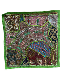 GREEN cushion cover, Unique handmade Boho Hippy Indian patchwork, sequined beaded 16in x 16in 41cm x41cm