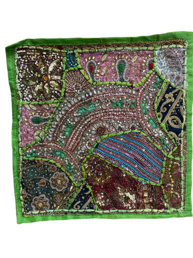 GREEN cushion cover, Unique handmade Boho Hippy Indian patchwork, sequined beaded 16in x 16in 41cm x41cm