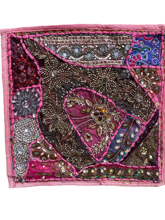 PINK cushion cover, Unique handmade Boho Hippy Indian patchwork, sequined beaded 16in x 16in 41cm x41cm