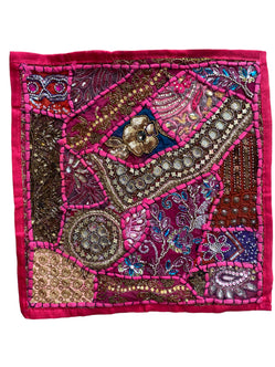 ROSE PINK cushion cover, Unique handmade Boho Hippy Indian patchwork, sequined beaded 16in x 16in 41cm x41cm