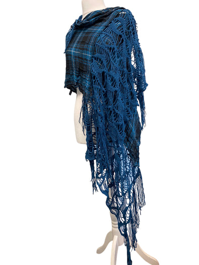 LARGE Tartan Teal Blue Scarf wrap, Boho hippy shawl long tassel super soft LETTUCE OF LONDON gift idea