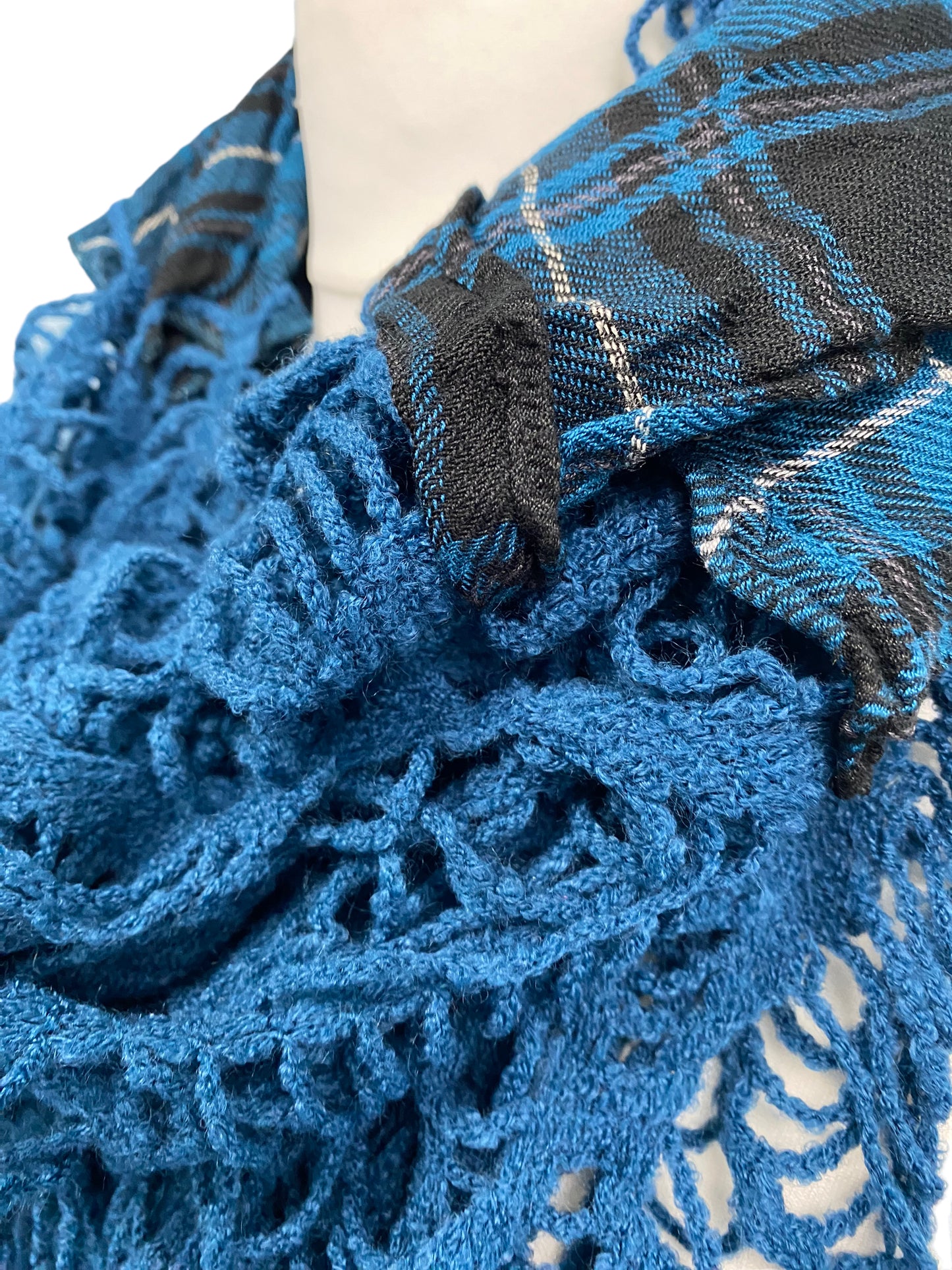 LARGE Tartan Teal Blue Scarf wrap, Boho hippy shawl long tassel super soft LETTUCE OF LONDON gift idea