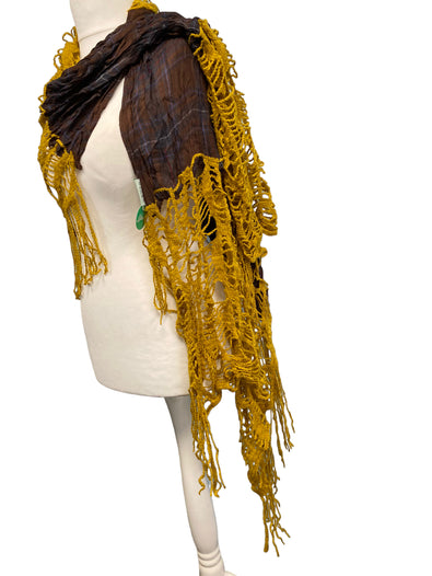 LARGE Brown Tartan Saffron Mustard Scarf wrap, Shaggy funky Boho hippy shawl, Long tassel super soft, LETTUCE OF LONDON gift idea