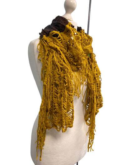 LARGE Brown Tartan Saffron Mustard Scarf wrap, Shaggy funky Boho hippy shawl, Long tassel super soft, LETTUCE OF LONDON gift idea