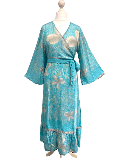 WRAP DRESS pretty Vintage Bell Sleeve Sari Silk Boho Hippy Festival party 14-20