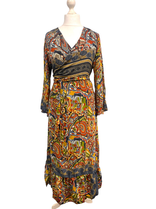 WRAP DRESS pretty Vintage Bell Sleeve Sari Silk Boho Hippy Festival party 14-20