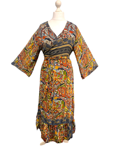 WRAP DRESS pretty Vintage Bell Sleeve Sari Silk Boho Hippy Festival party 14-20