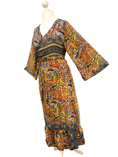 WRAP DRESS pretty Vintage Bell Sleeve Sari Silk Boho Hippy Festival party 14-20