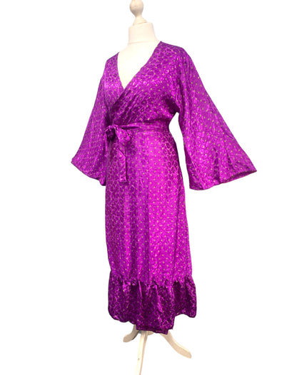 WRAP DRESS pretty Vintage Bell Sleeve Sari Silk Boho Hippy Festival party 14-20