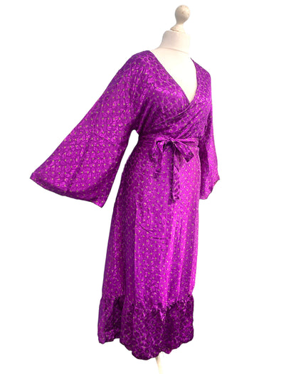 WRAP DRESS pretty Vintage Bell Sleeve Sari Silk Boho Hippy Festival party 14-20