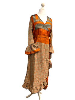 WRAP DRESS summer Vintage Flounced Sleeve Sari SILK Boho Hippy Festival UK 14-20