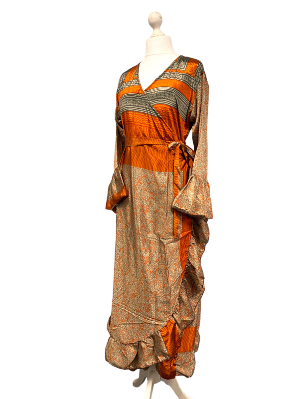 WRAP DRESS summer Vintage Flounced Sleeve Sari SILK Boho Hippy Festival UK 14-20