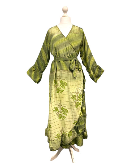 WRAP DRESS summer Vintage Flounced Sleeve Sari SILK Boho Hippy Festival UK 14-20