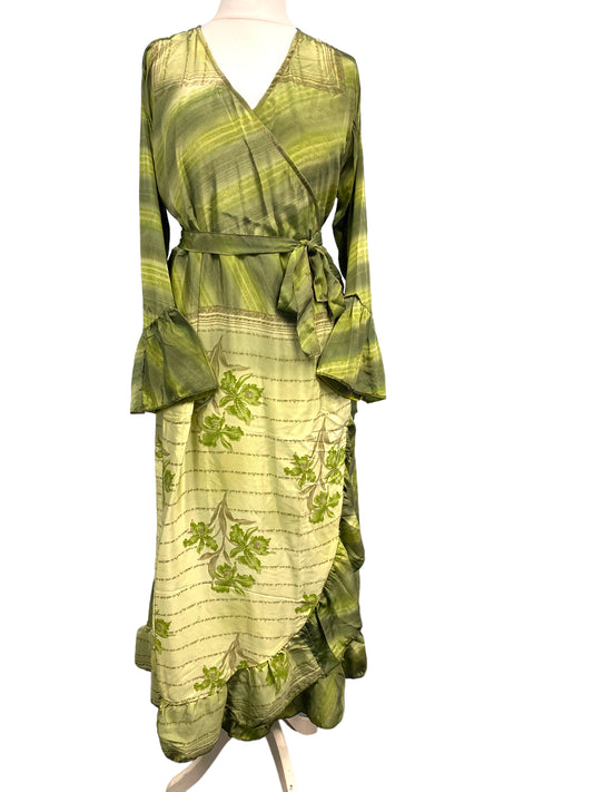 WRAP DRESS summer Vintage Flounced Sleeve Sari SILK Boho Hippy Festival UK 14-20