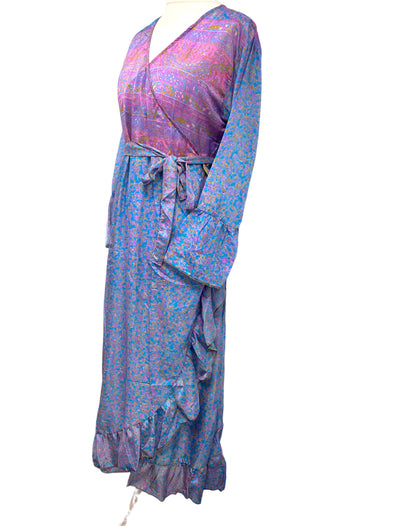 WRAP DRESS summer Vintage Flounced Sleeve Sari SILK Boho Hippy Festival UK 14-20