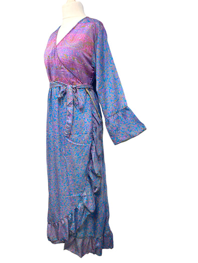 WRAP DRESS summer Vintage Flounced Sleeve Sari SILK Boho Hippy Festival UK 14-20