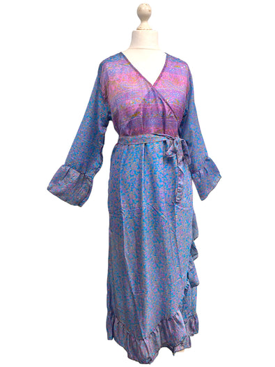 WRAP DRESS summer Vintage Flounced Sleeve Sari SILK Boho Hippy Festival UK 14-20