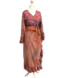 WRAP DRESS summer Vintage Flounced Sleeve Sari SILK Boho Hippy Festival UK 14-20