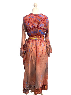 WRAP DRESS summer Vintage Flounced Sleeve Sari SILK Boho Hippy Festival UK 14-20