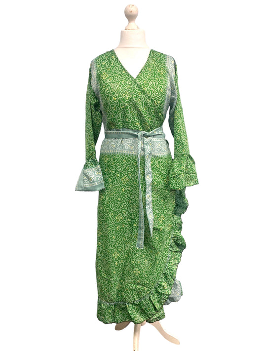 WRAP DRESS summer Vintage Flounced Sleeve Sari SILK Boho Hippy Festival UK 14-20