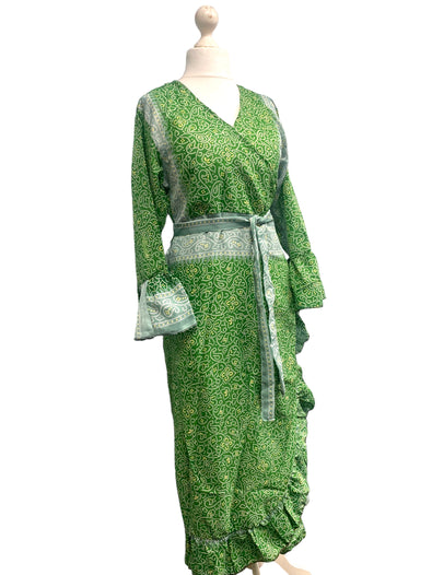 WRAP DRESS summer Vintage Flounced Sleeve Sari SILK Boho Hippy Festival UK 14-20