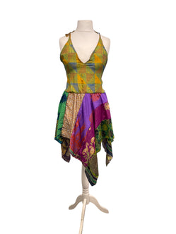 Pixie Festival Sun Dress summer beach recycled Sari silk hippy A B cup UK 8-12
