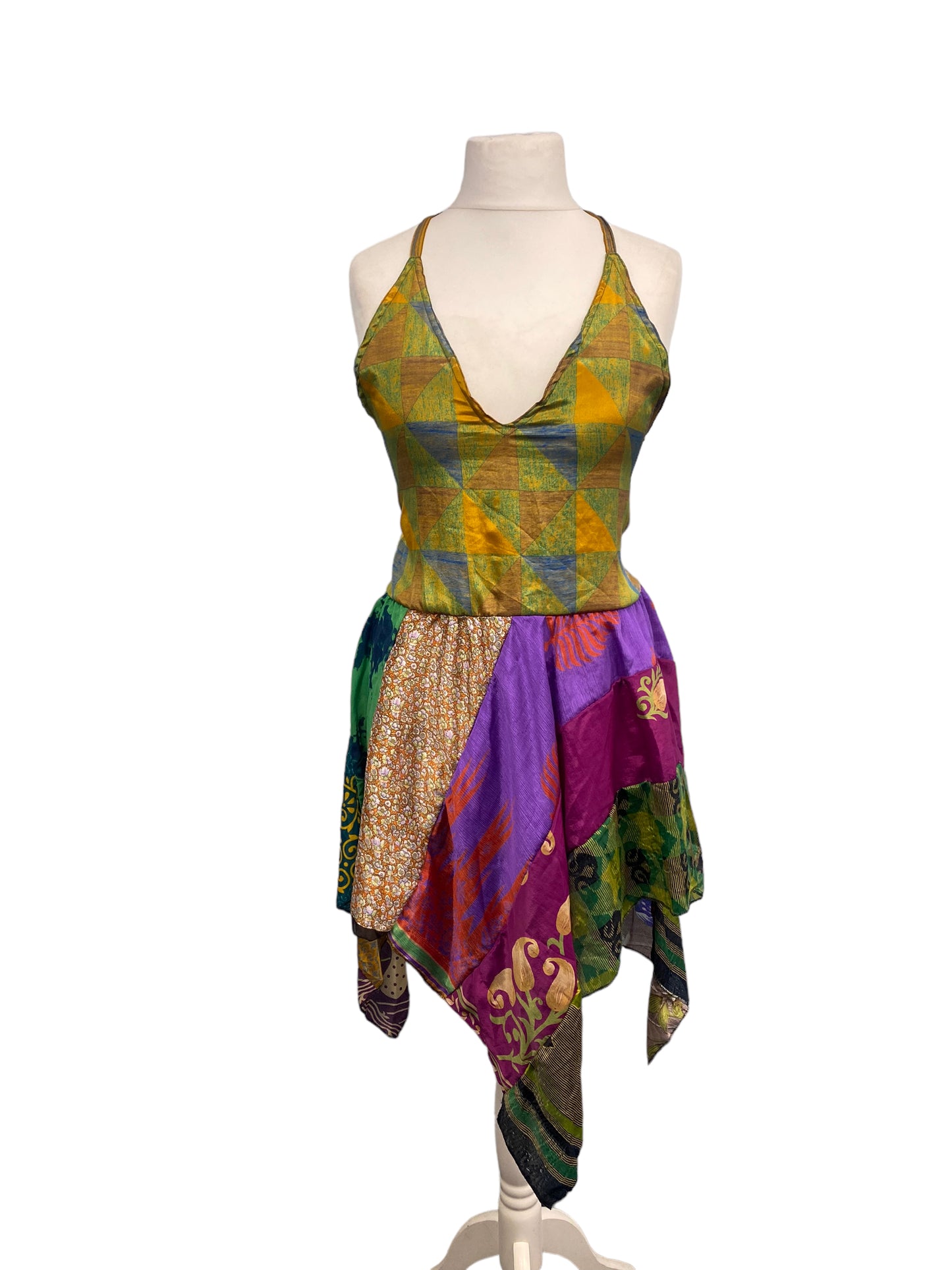 Pixie Festival Sun Dress summer beach recycled Sari silk hippy A B cup UK 8-12