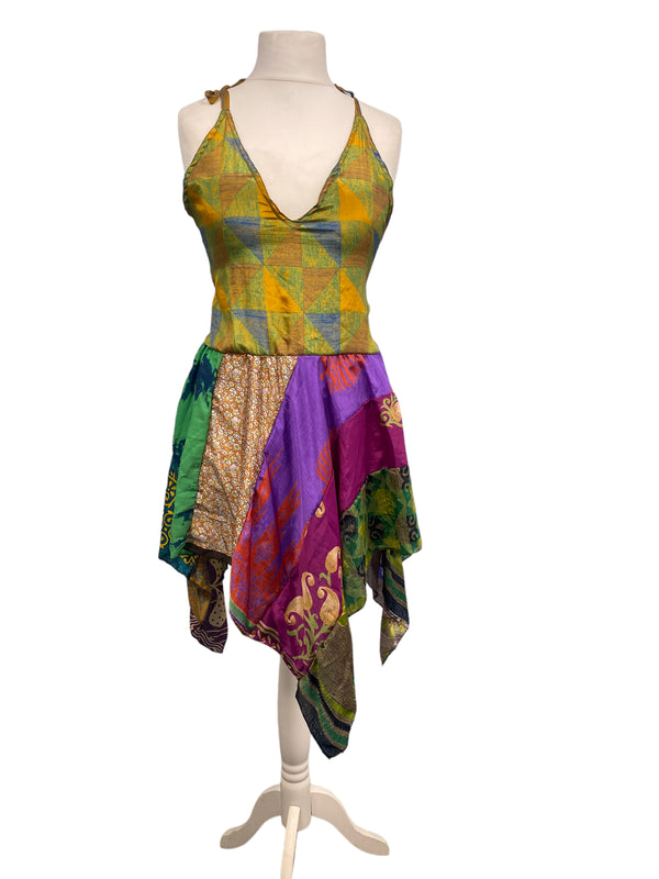 Pixie Festival Sun Dress summer beach recycled Sari silk hippy A B cup UK 8-12