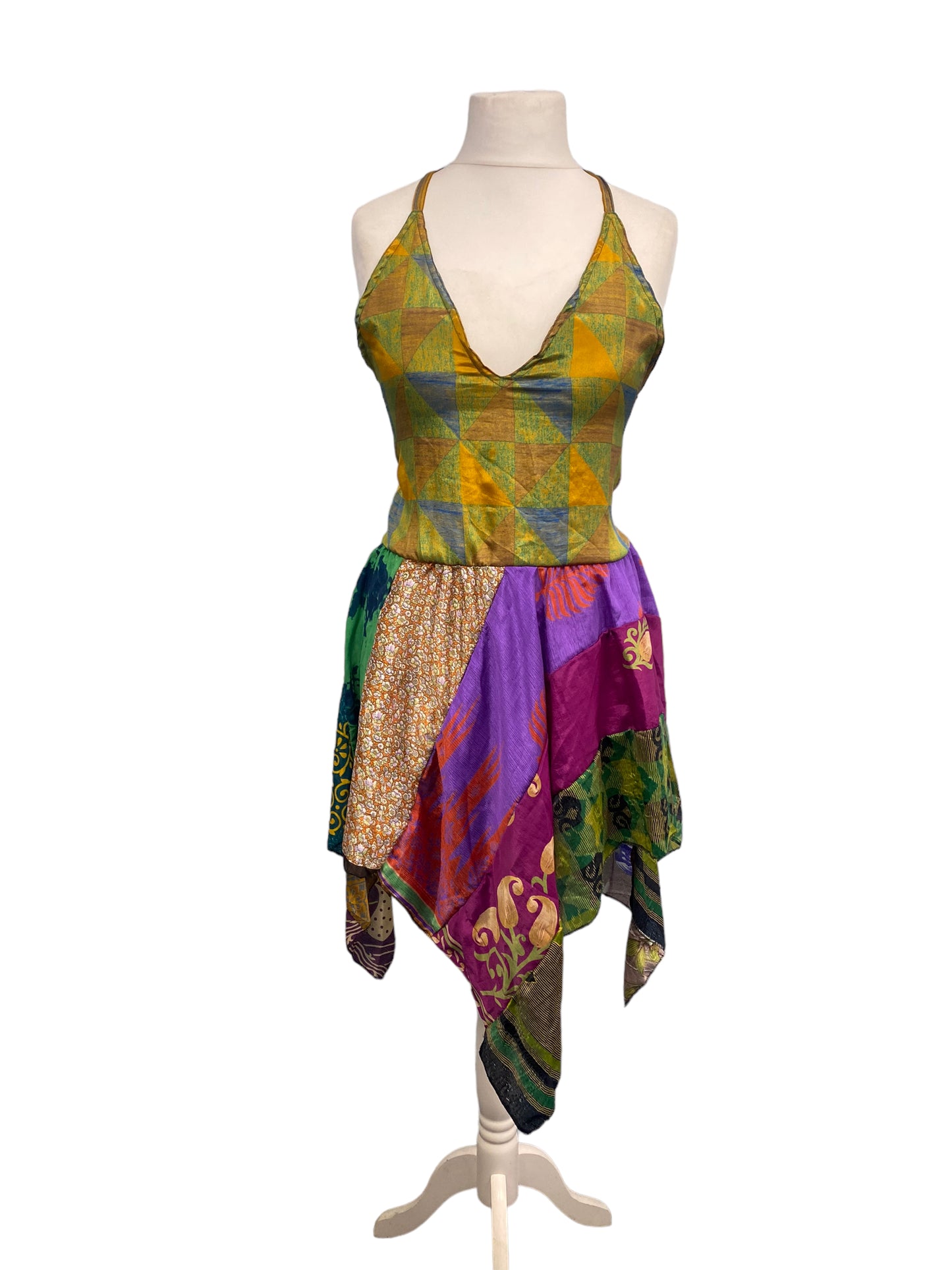 Pixie Festival Sun Dress summer beach recycled Sari silk hippy A B cup UK 8-12