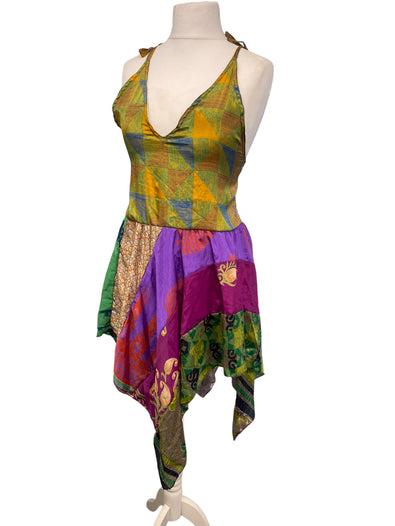 Pixie Festival Sun Dress summer beach recycled Sari silk hippy A B cup UK 8-12