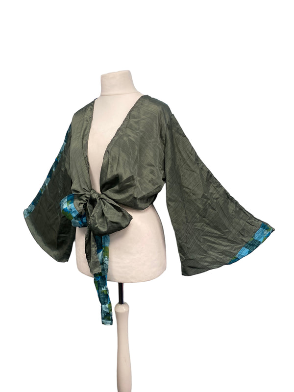 GREEN blouse Shrug crop top cover up Sari-Silk Boho Hippy Bell sleeve UK 16-20