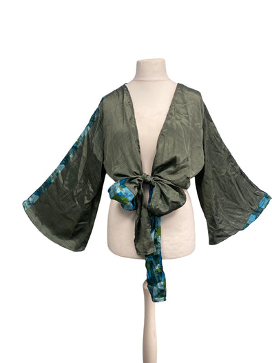 GREEN blouse Shrug crop top cover up Sari-Silk Boho Hippy Bell sleeve UK 16-20