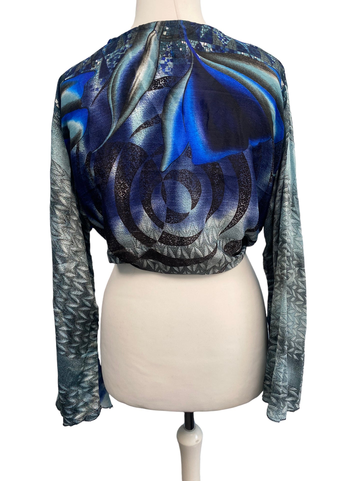 BLUE blouse Shrug crop top cover up Sari-Silk Boho Hippy Bell sleeve UK 16-20