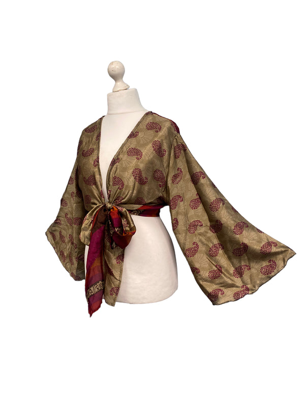 RED blouse Shrug crop top cover up Sari-Silk Boho Hippy Bell sleeve UK 16-20