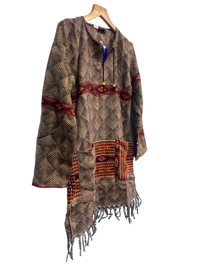 TUNIC Boho hippie Jumper Pullover BROWN top winter warm tassel top UK 8 - 14