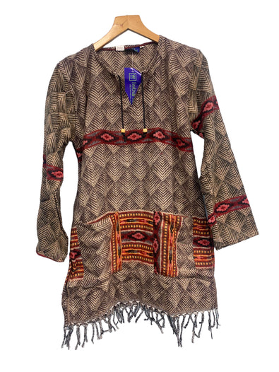 TUNIC Boho hippie Jumper Pullover BROWN top winter warm tassel top UK 8 - 14