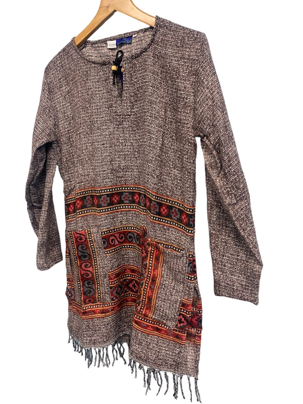 TUNIC JUMPER PULLOVER SWEATER Boho hippy BROWN winter warm tassel top 8 10 12 14