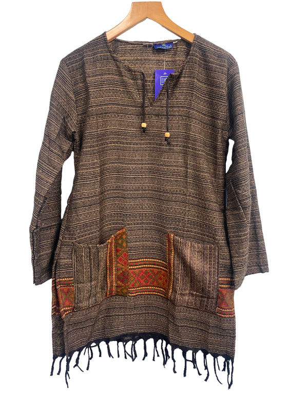 TUNIC JUMPER PULLOVER SWEATER Boho hippy BROWN winter warm tassel top 8 10 12 14