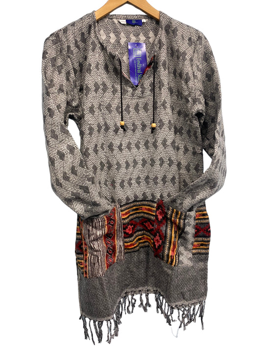 TUNIC JUMPER PULLOVER SWEATER Boho hippy GREY winter warm tassel top UK 12 14