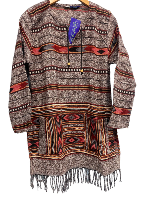 TUNIC JUMPER PULLOVER SWEATER Boho hippy BROWN winter warm tassel top UK 12 14