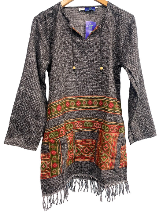 Brown TUNIC JUMPER PULLOVER SWEATER Boho Hippy, winter warm tassel Top UK 8-10