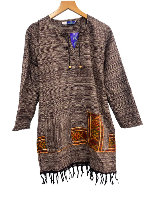 Brown TUNIC JUMPER PULLOVER SWEATER Boho Hippy, winter warm tassel Top UK 8 - 14