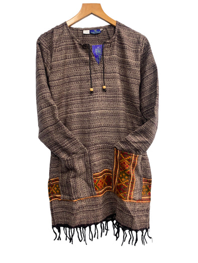 Brown TUNIC JUMPER PULLOVER SWEATER Boho Hippy, winter warm tassel Top UK 8 - 14